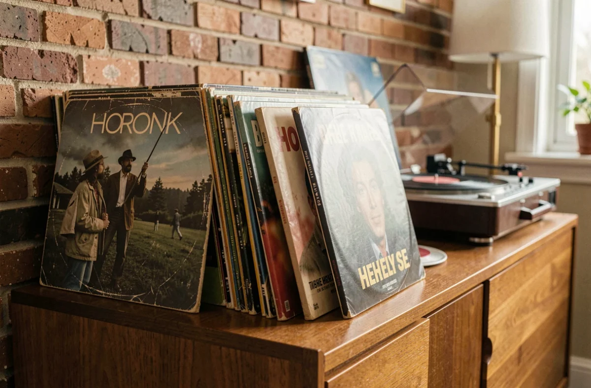 Collection de vinyles rares soigneusement exposés sur un meuble vintage avec une platine disque