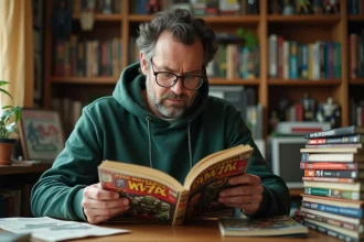Collectionneur de comics Marvel examinant un numéro vintage de Doctor Doom dans une salle de lecture organisée