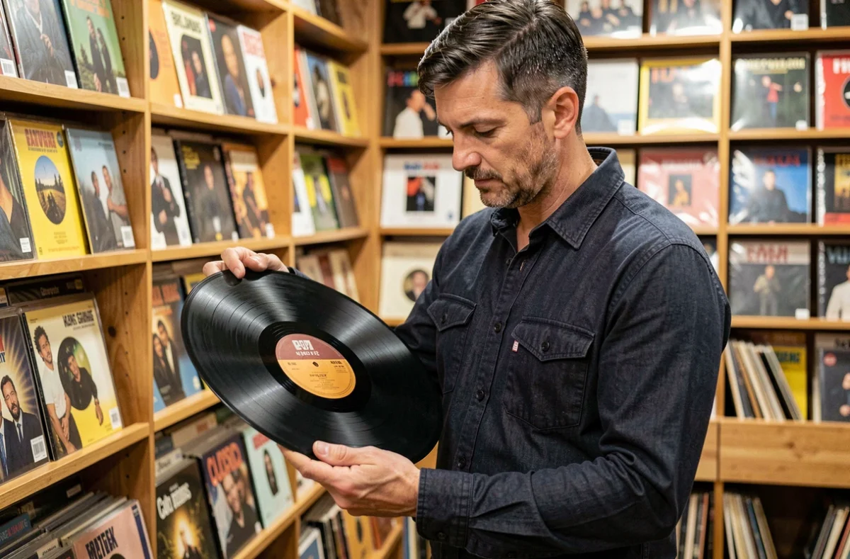 Collectionneur de vinyles examinant un disque rare dans un magasin de disques vintage