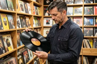Collectionneur de vinyles examinant un disque rare dans un magasin de disques vintage