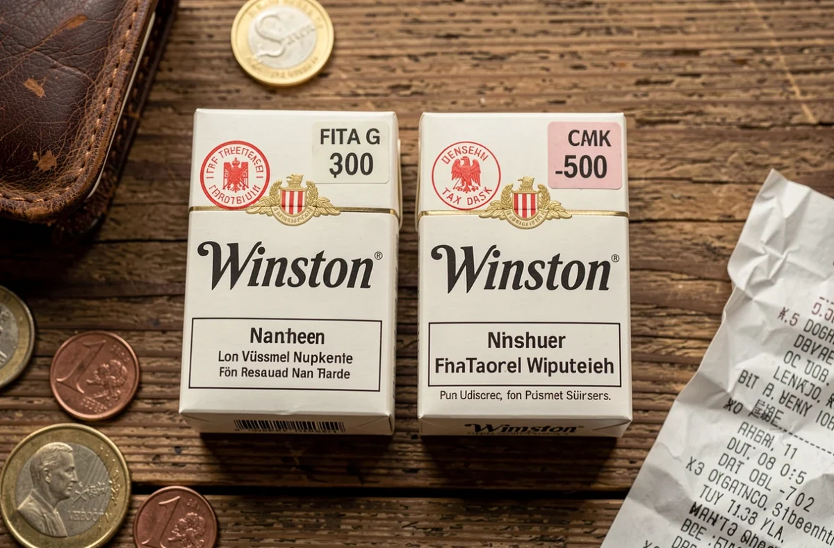 Comparaison de prix entre un paquet de cigarettes Winston français et allemand sur une table en bois