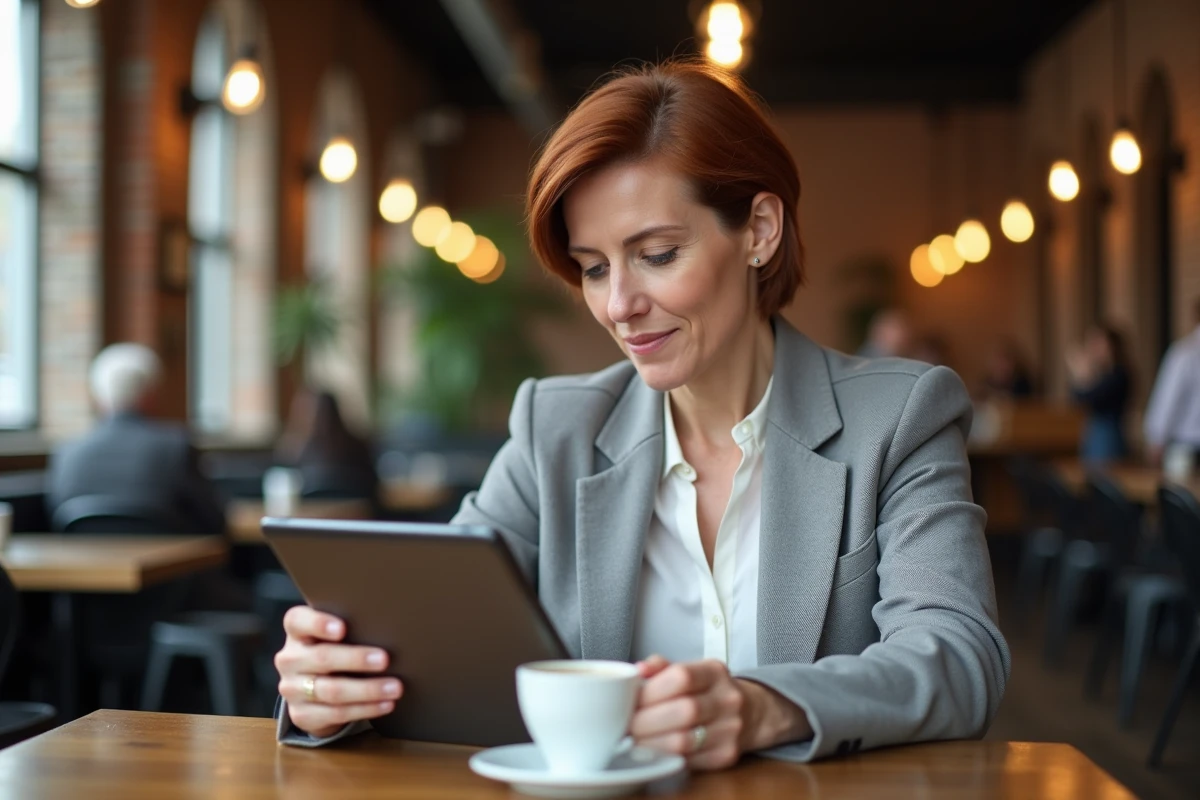 Femme comparant des sites d'actualités sur une tablette dans un café urbain, expression réfléchie