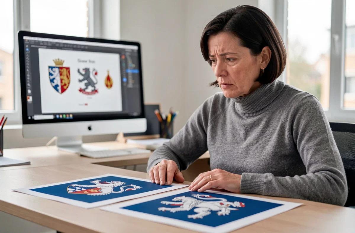 Designer graphique comparant deux versions imprimées du drapeau breton avec des hermines correctes et incorrectes sur un bureau de studio moderne