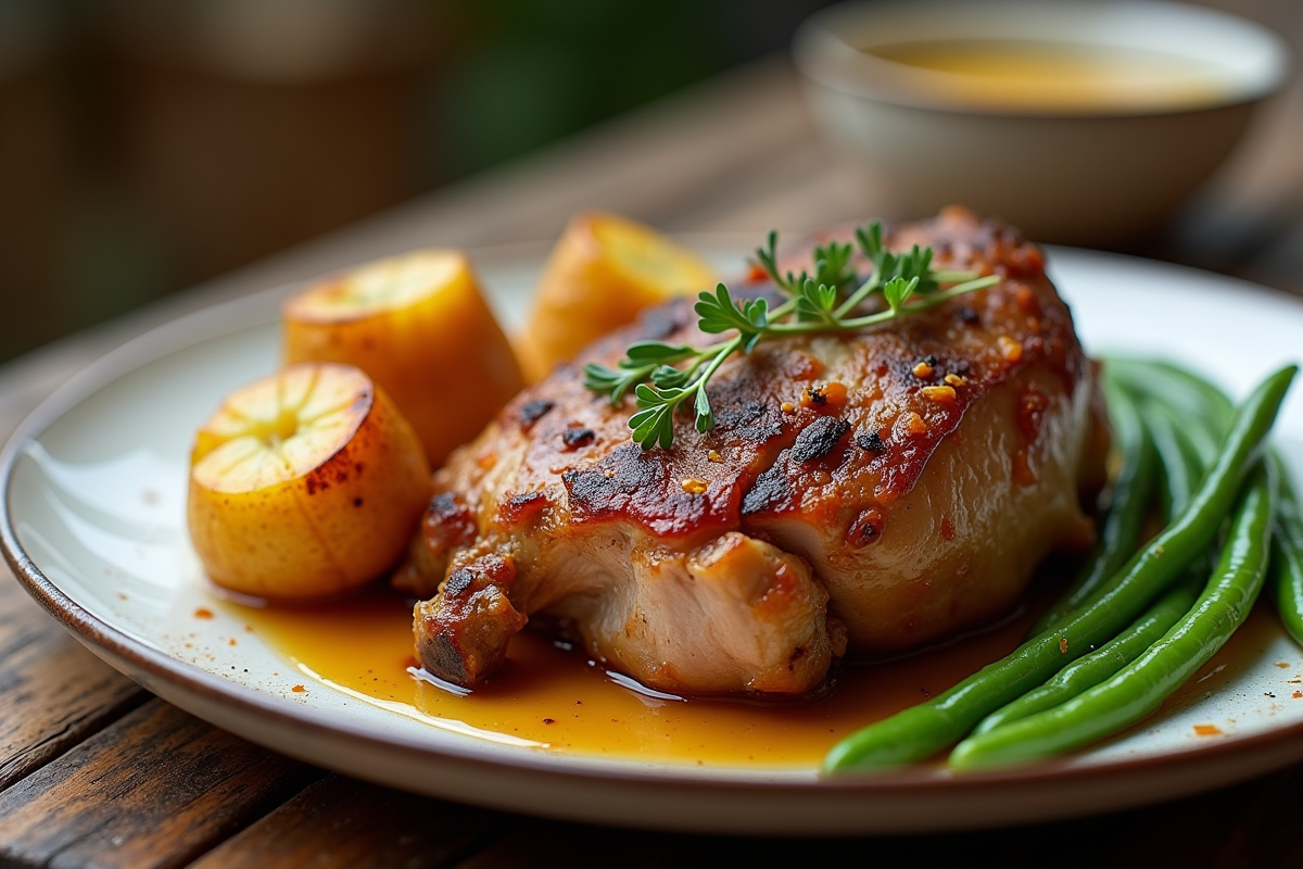 Confit de canard avec pommes de terre dorées et haricots verts