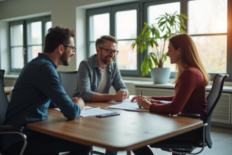 Conseiller en prêt immobilier discutant avec un couple dans un bureau lumineux