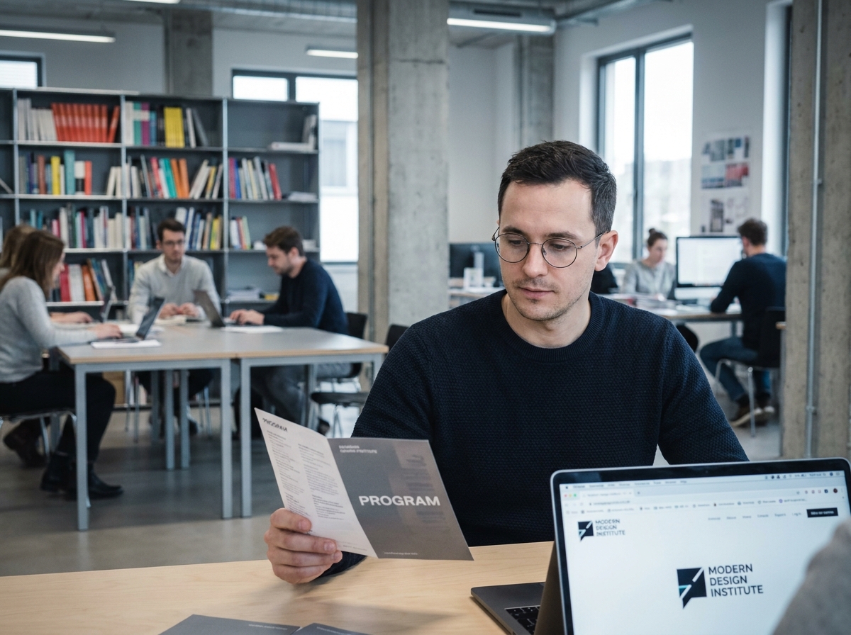 Homme consultant des brochures de formations artistiques dans un espace de design contemporain