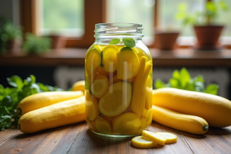 Pot de conserve de courgettes jaunes marinées sur table ensoleillée