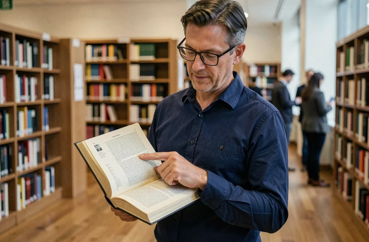 Homme consultant un livre de grammaire française en bibliothèque, doigt pointé sur une règle orthographique