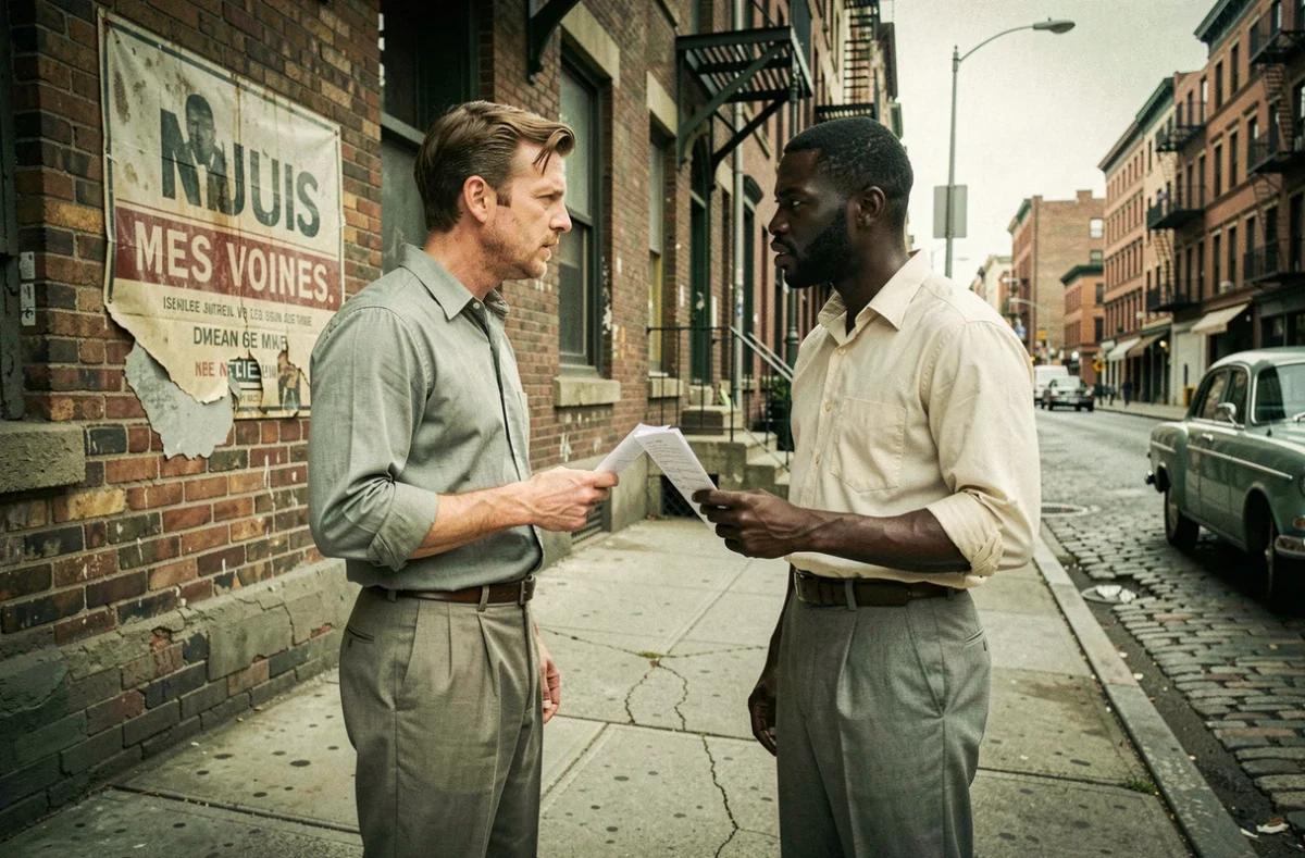 Deux hommes discutant d'un contrat musical dans une rue urbaine des années 1960, illustrant les coulisses et scandales de la chanson Stand By Me
