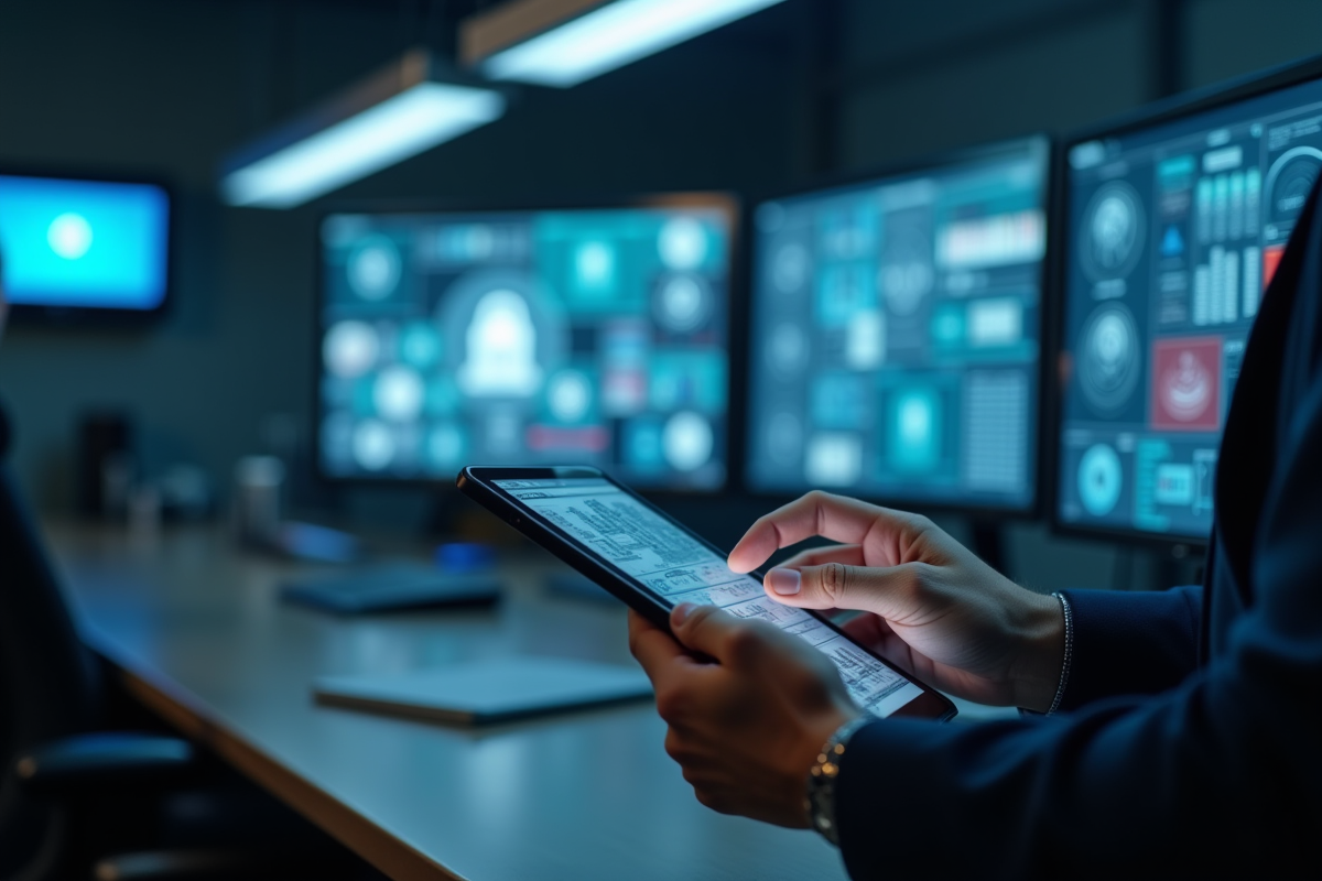Main utilisant une tablette dans une salle de controle securite