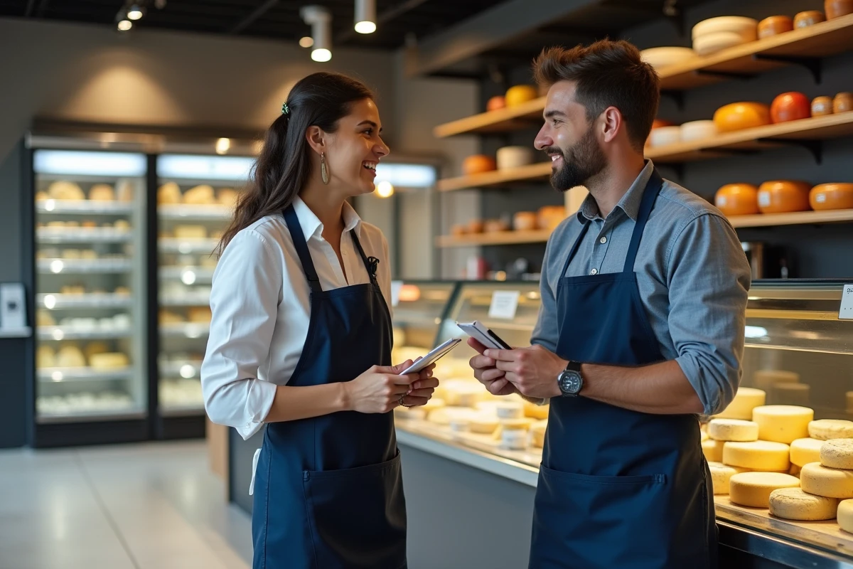 Deux fromagers espagnols en conversation professionnelle dans une fromagerie moderne avec comptoir réfrigéré