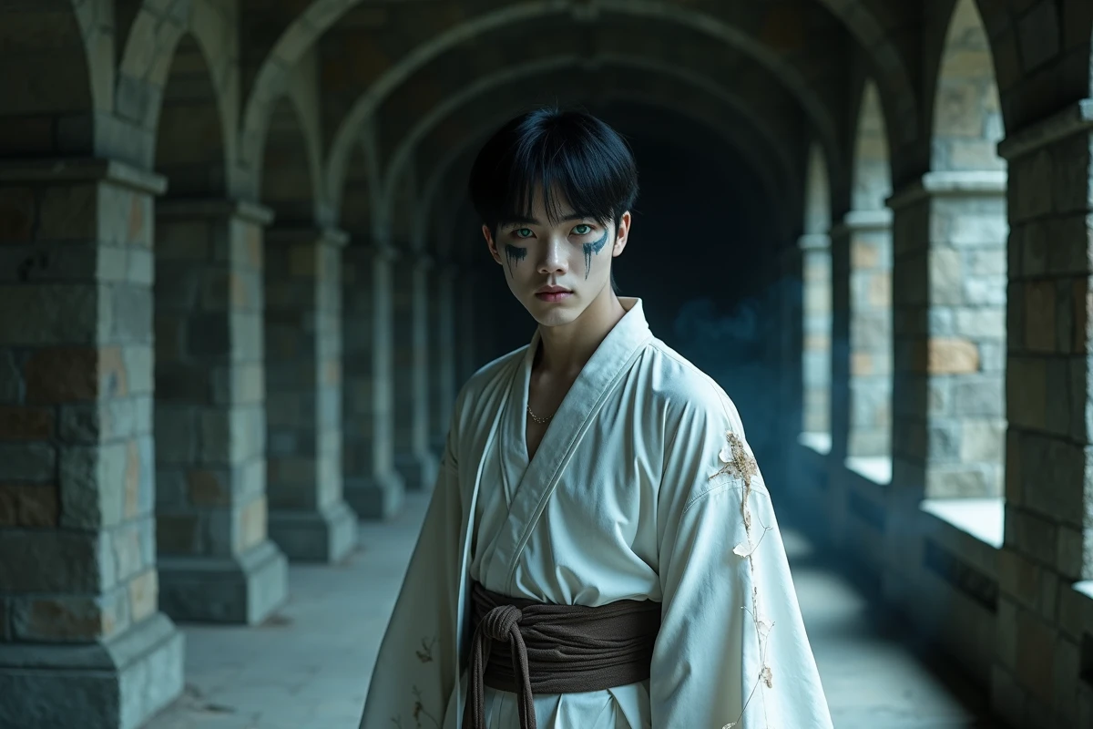 Cosplayer incarnant Ulquiorra Schiffer de Bleach dans un couloir gothique sombre avec maquillage précis et costume blanc d'Espada