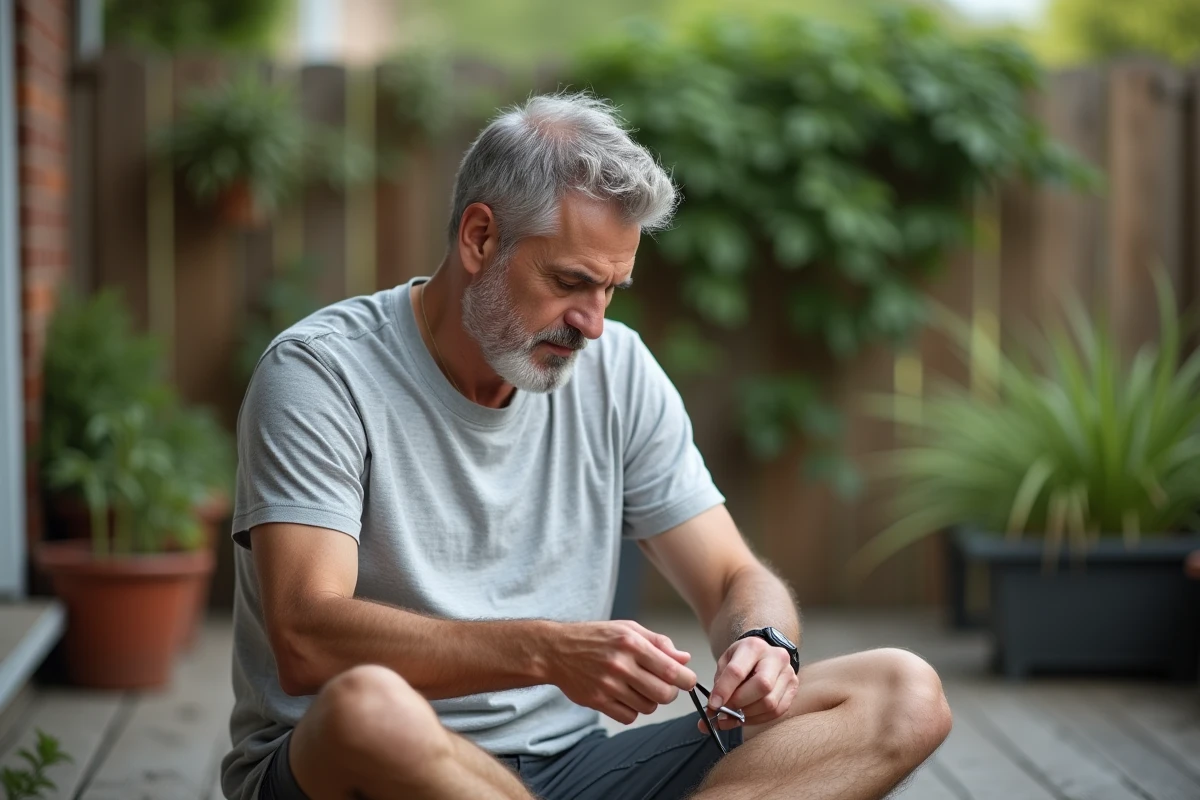Homme coupant ses pointes de cheveux en extérieur