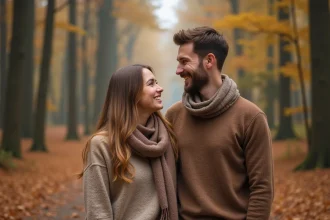 Jeune couple souriant dans la forêt en automne
