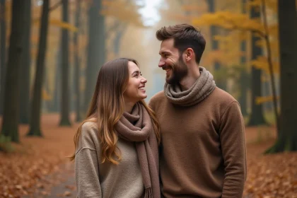 Jeune couple souriant dans la forêt en automne