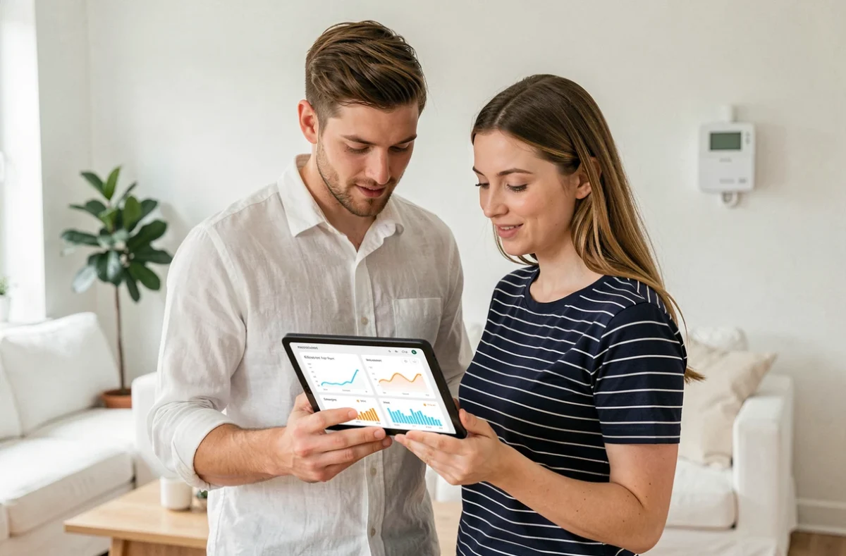 Couple consultant un tableau de consommation électrique sur tablette pour réduire leur facture en watts et ampères