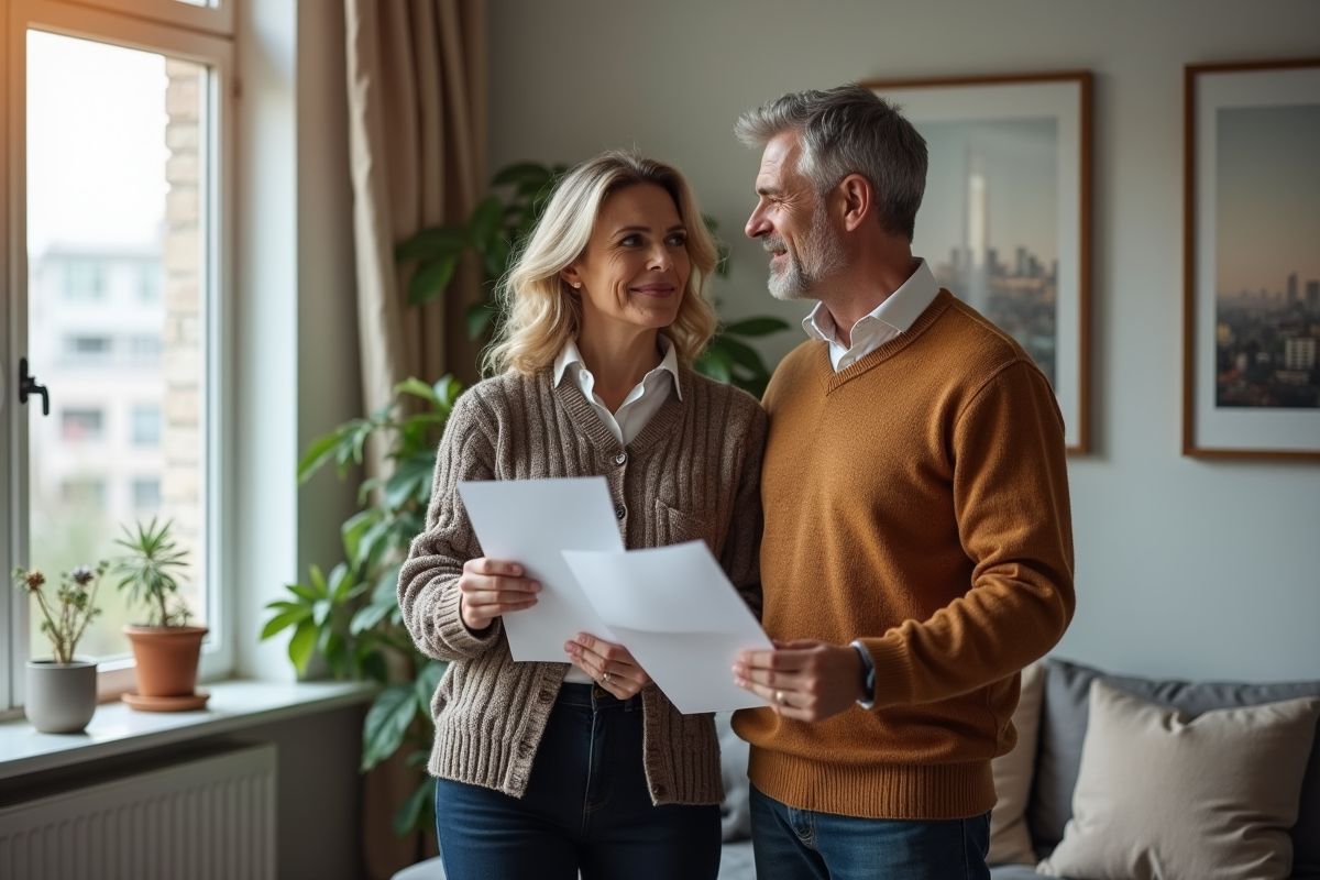 Couple discutant de leur prêt immobilier dans le salon