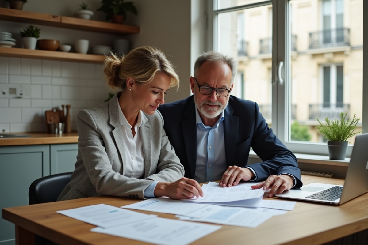 Couple français discutant de documents de prêt immobilier à la maison