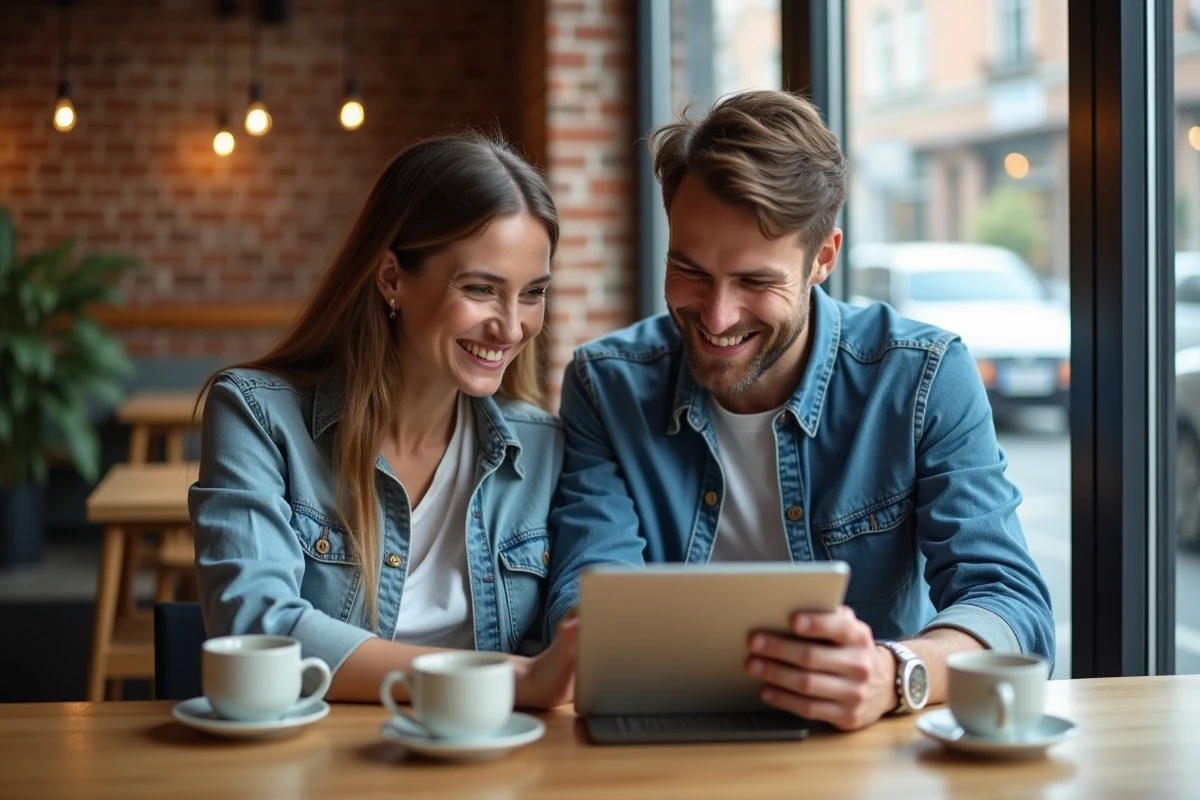 Couple recherchant des vols abordables ensemble sur une tablette dans un café moderne