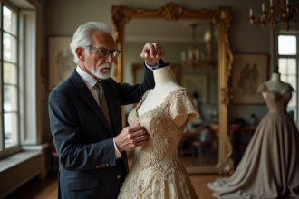 Couturier âgé ajustant une robe vintage dans son atelier parisien