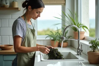 Femme rinçant du goémon frais sous l'eau du robinet dans une cuisine moderne de style breton