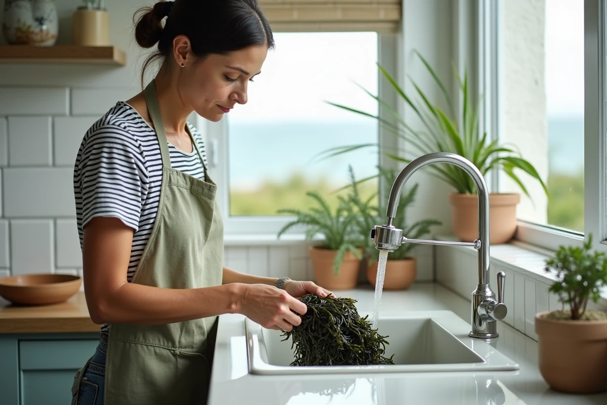 Femme rinçant du goémon frais sous l'eau du robinet dans une cuisine moderne de style breton
