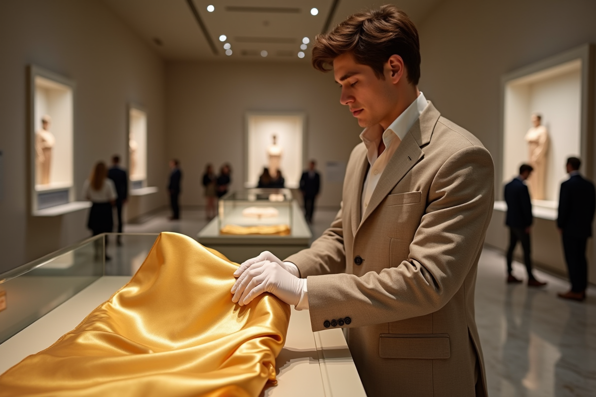 Jeune curateur montrant un tissu en soie dorée dans une galerie d