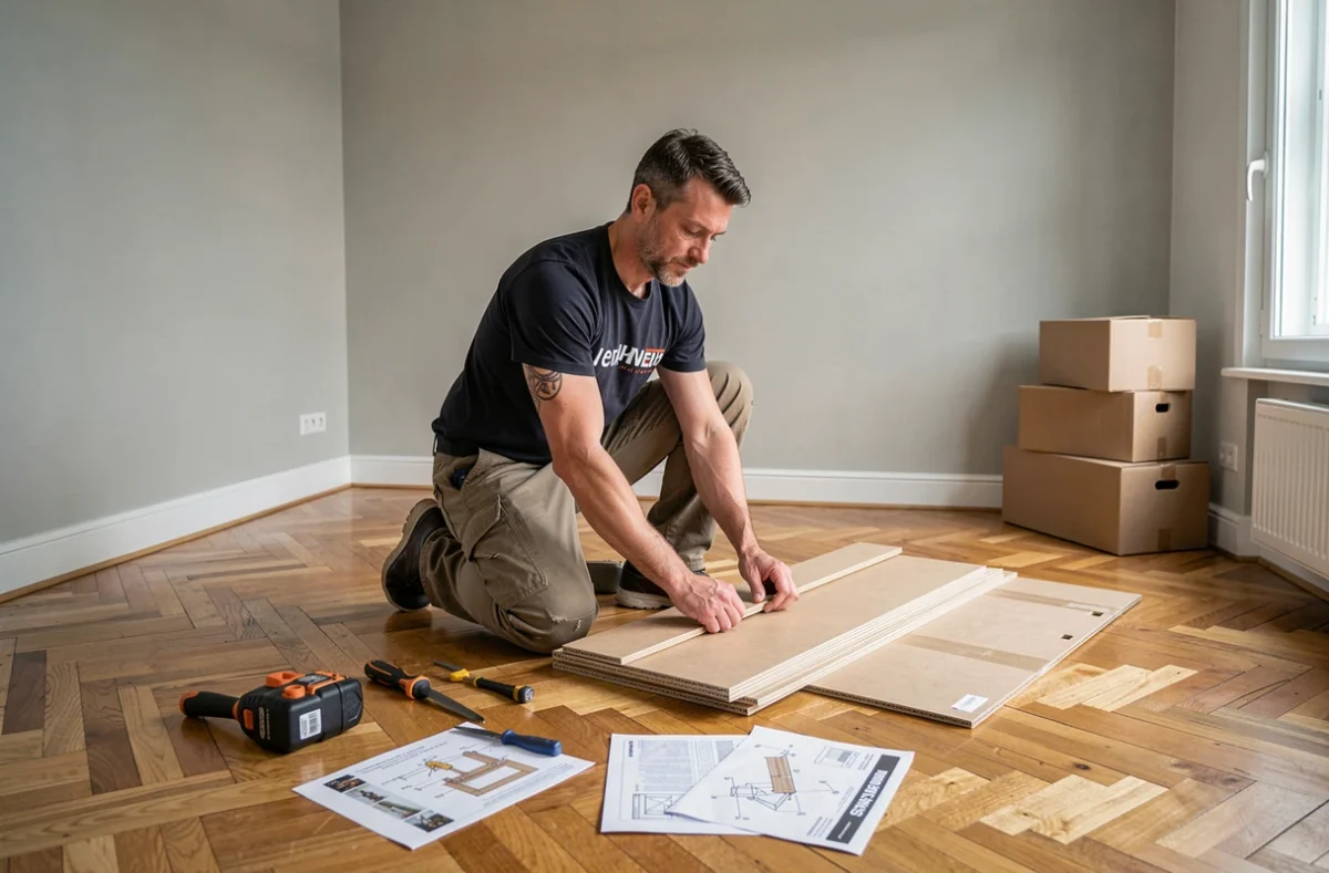 Technicien de Da Silva Multi'services54 assemblant des meubles dans un appartement vide