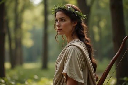 Jeune femme grecque en tunique laurier regardant loin