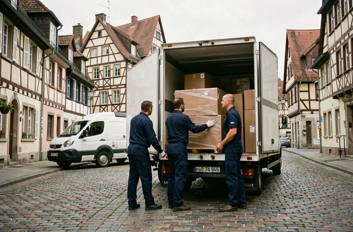 Équipe de déménagement professionnelle chargeant un camion dans une rue historique du Grand Est