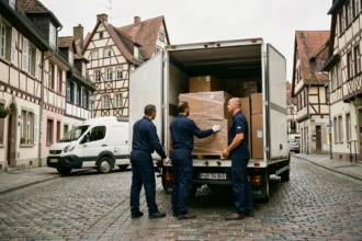 Équipe de déménagement professionnelle chargeant un camion dans une rue historique du Grand Est