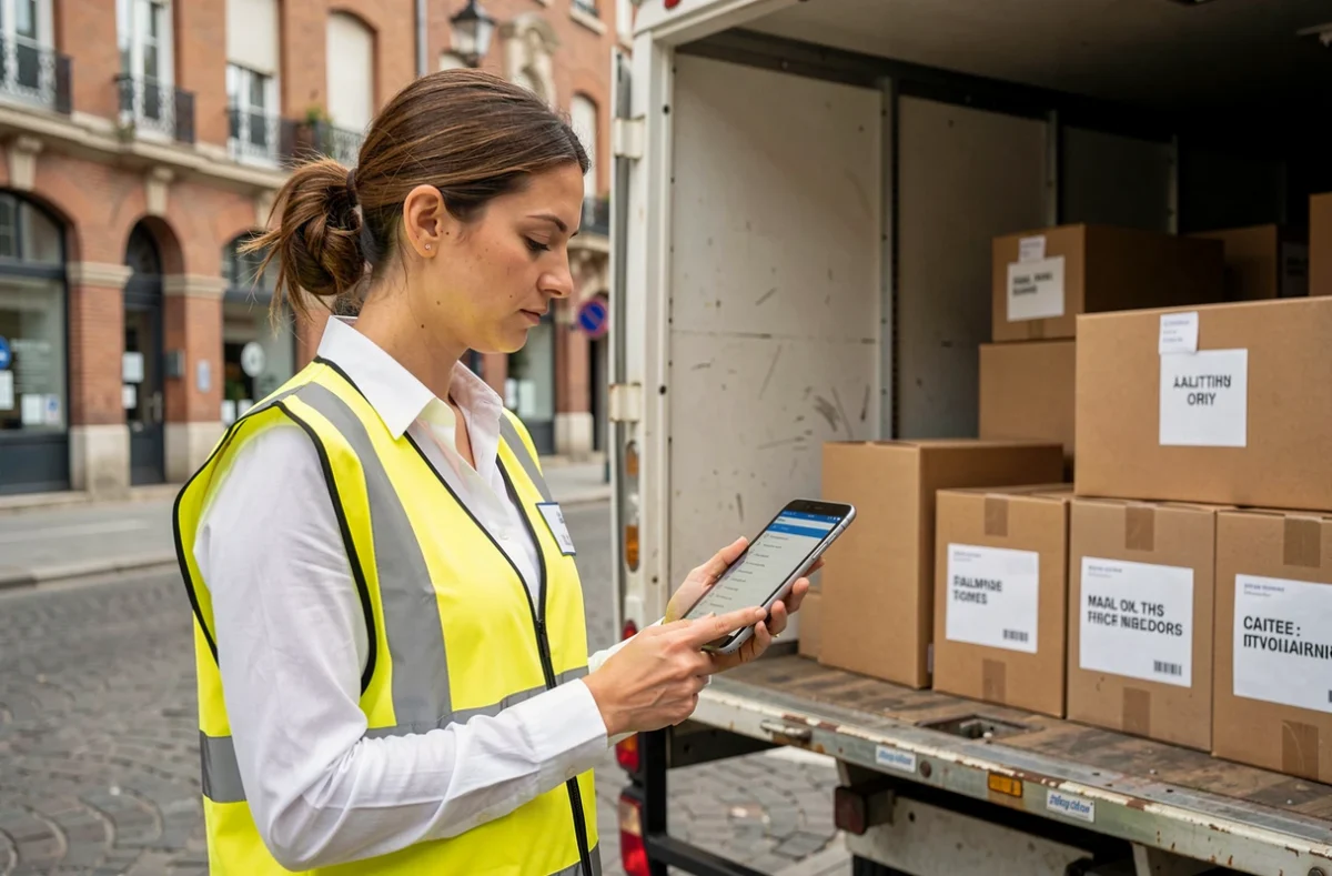 Coordinatrice logistique de Demexpert vérifiant une liste de déménagement sur tablette