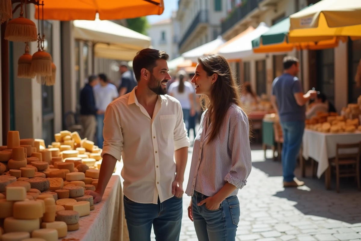 Cliente discutant avec un fromager dans un marché en plein air espagnol avec une sélection de fromages locaux