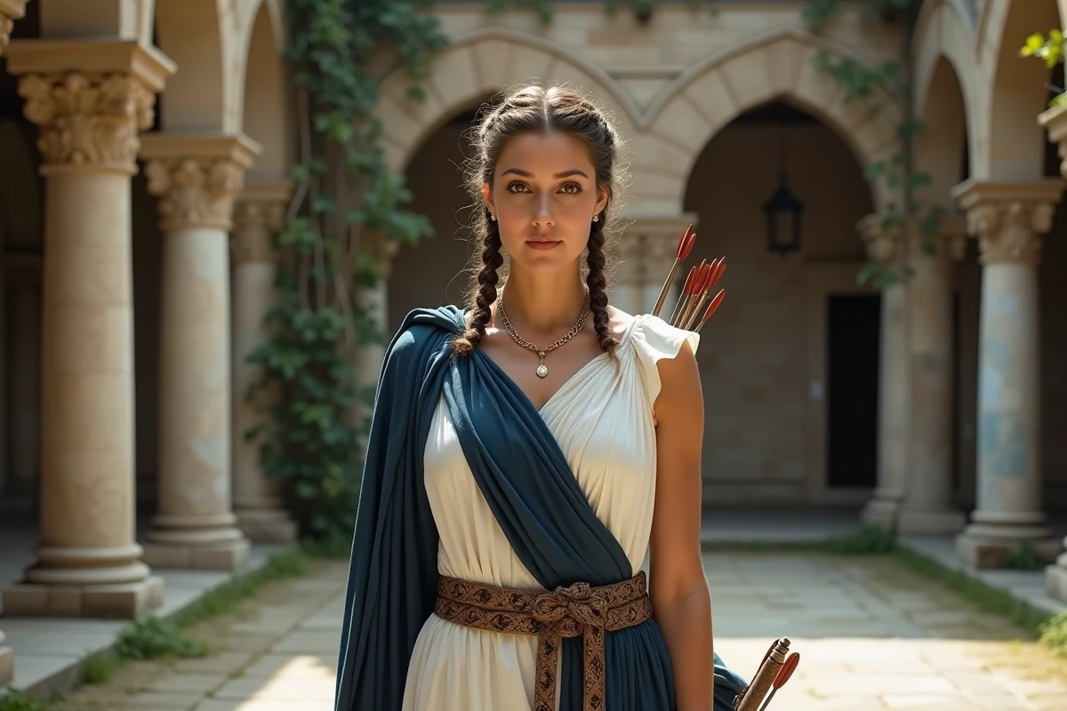 Diana déesse romaine avec arc dans cour antique
