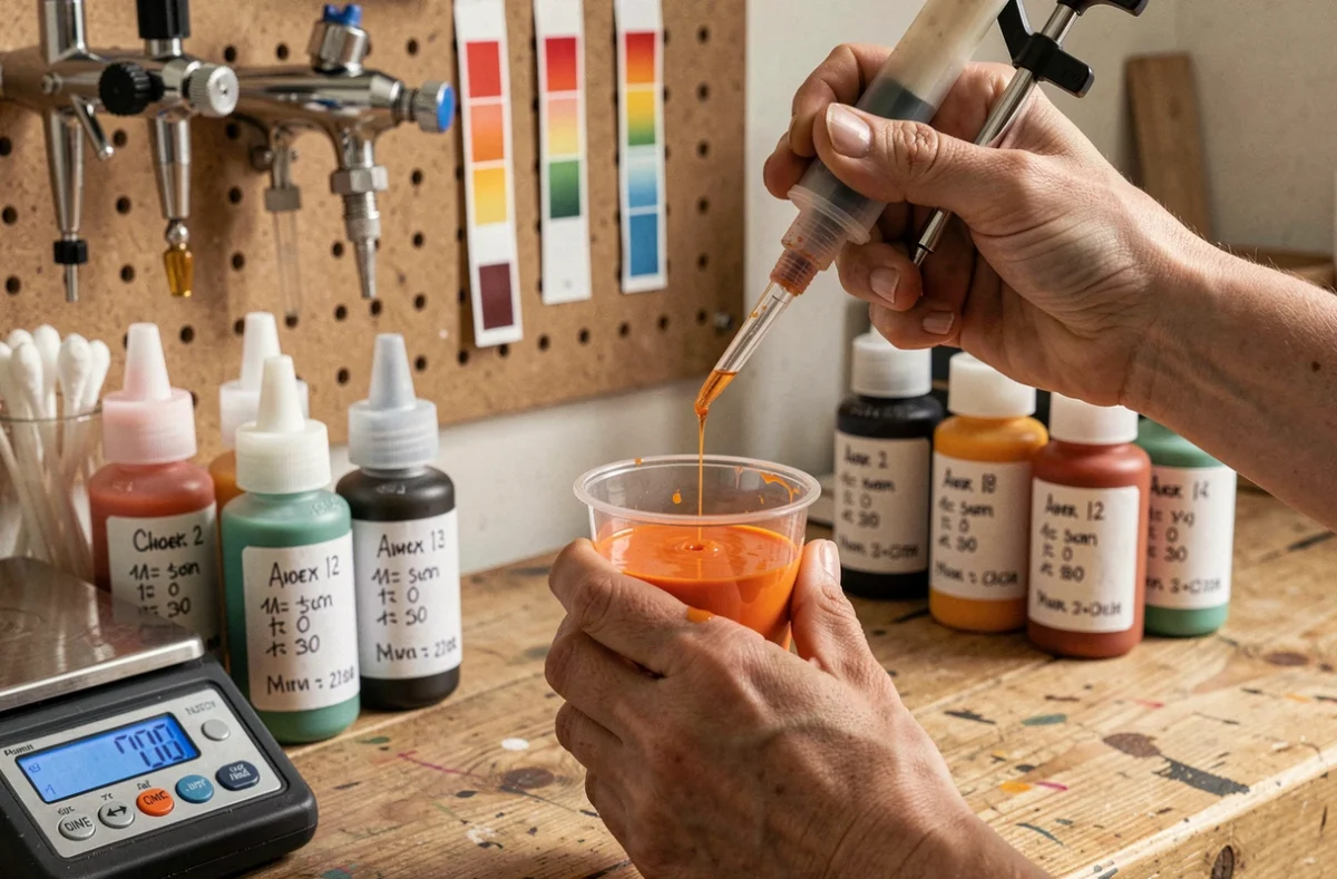 Mains préparant la dilution de peinture pour aérographe avec un compte-gouttes et une balance de précision