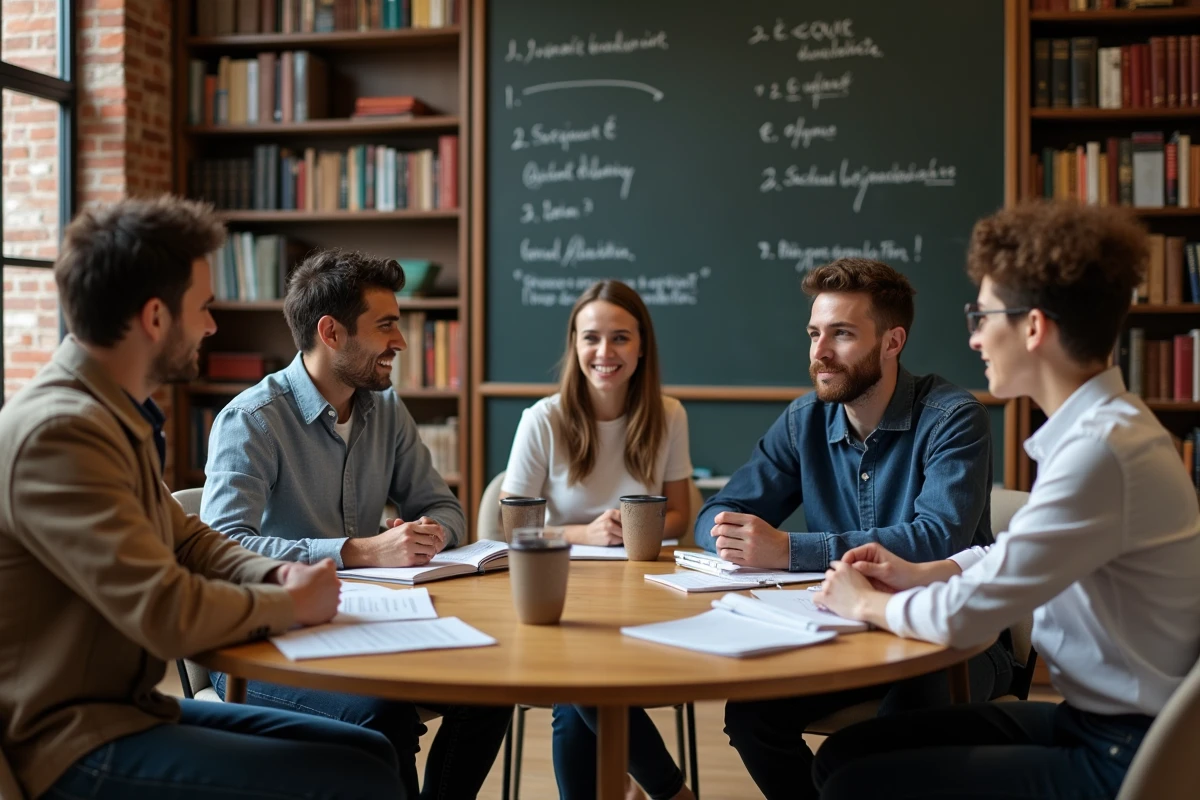 Groupe d'adultes en discussion sociologique autour d'une table universitaire avec des livres et cahiers de sociologie