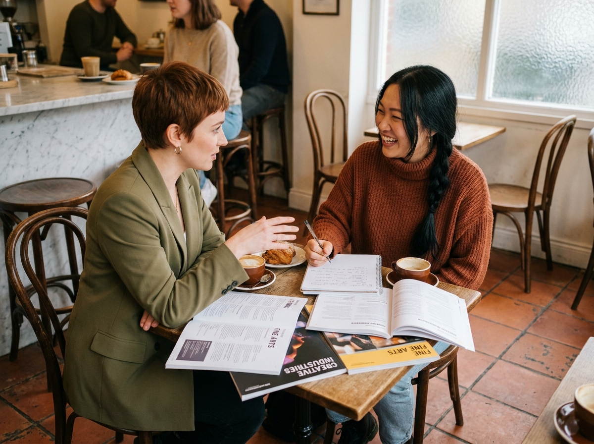 Deux femmes discutant de leurs choix de formation artistique autour de catalogues de cours dans un café