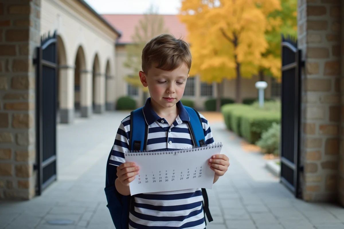 Écolier consultant un calendrier de semaines paires et impaires devant l'entrée de son école en automne