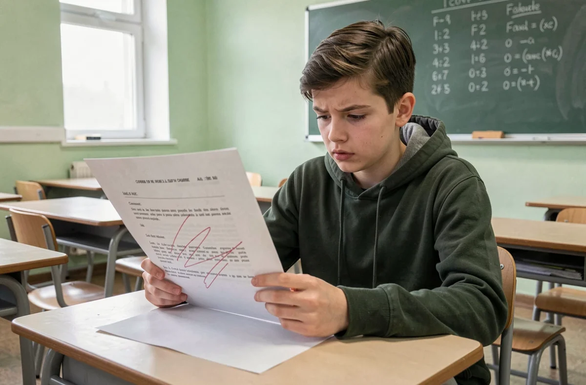 Élève lycéen examinant une rédaction française corrigée avec des annotations rouges sur les erreurs d'orthographe