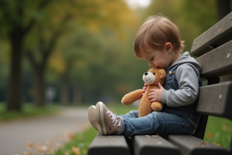 Jeune enfant seul sur un banc de parc avec peluche