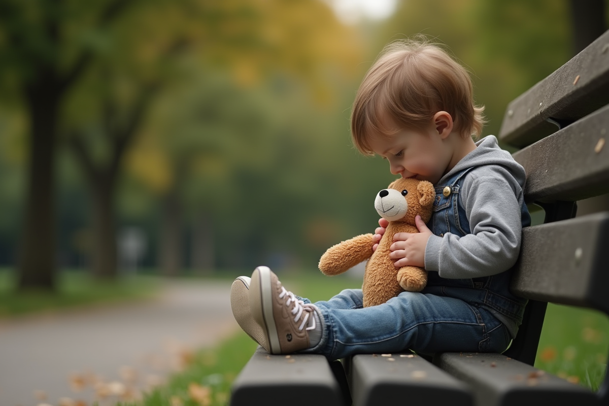Jeune enfant seul sur un banc de parc avec peluche