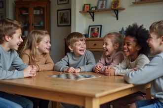 Groupe d'enfants jouant à un jeu de société à la maison