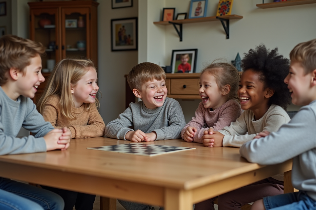 Groupe d'enfants jouant à un jeu de société à la maison