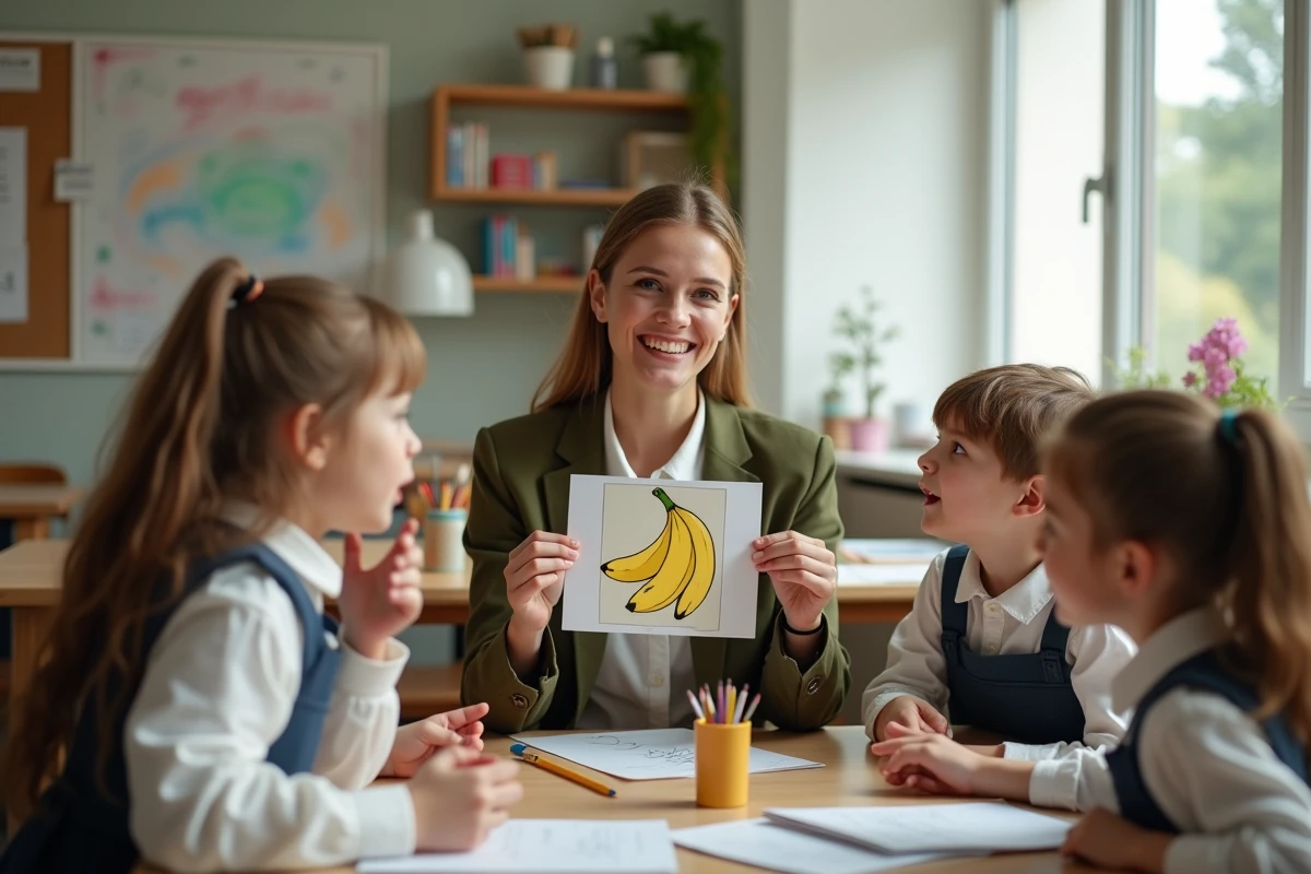 Une enseignante explique l'œuvre banane à des enfants dans une salle de classe artistique