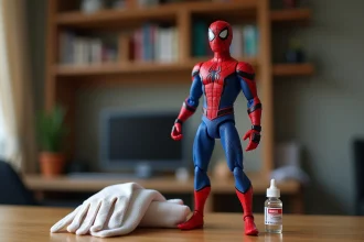 Figurine Spider-Man posée sur une étagère en bois avec gants en coton, chiffon microfibre et vernis UV pour l'entretien et la conservation des couleurs