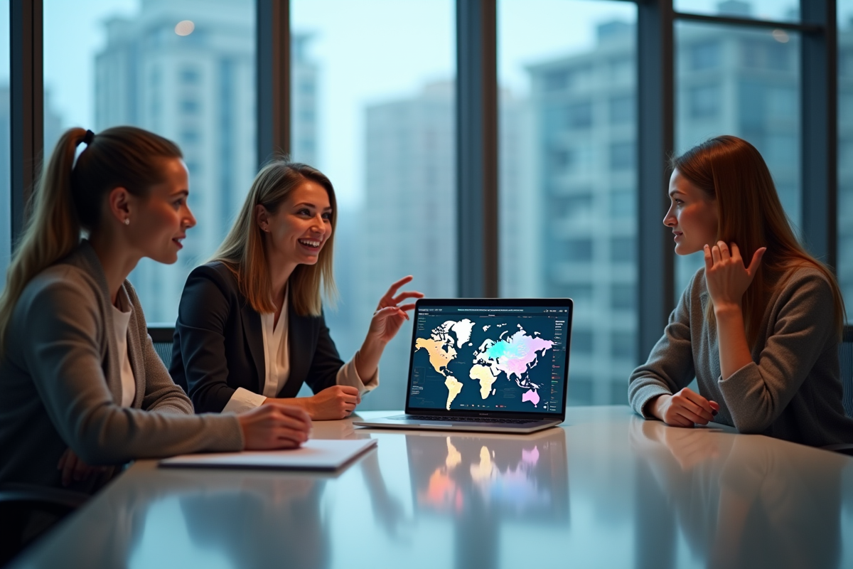 Equipe de professionnels discutant stratégie digitale dans un bureau moderne