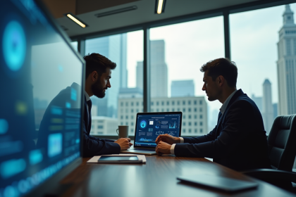 Deux professionnels analysent des données de securite sur un ordinateur