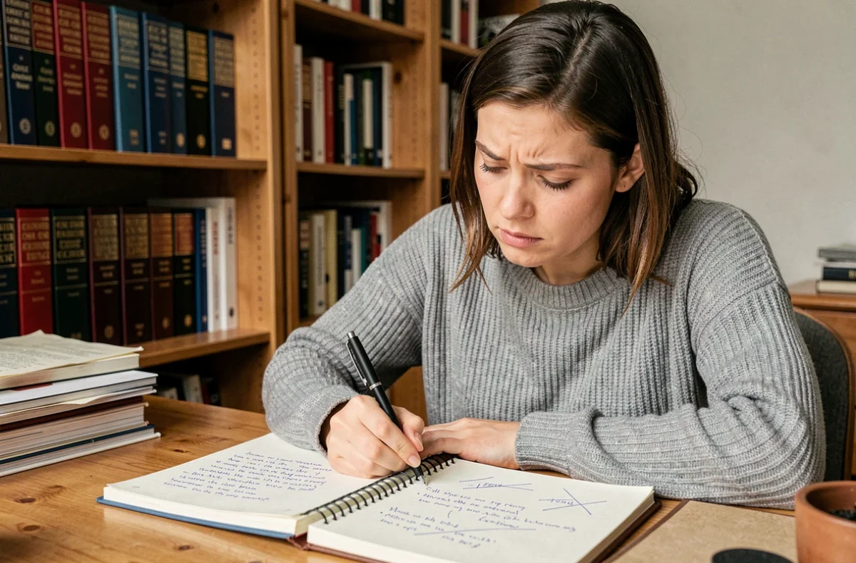 Femme relisant ses écrits avec un stylo à la main, cherchant une erreur grammaticale dans son cahier de notes