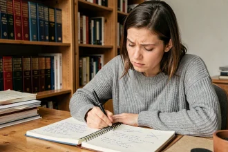 Femme relisant ses écrits avec un stylo à la main, cherchant une erreur grammaticale dans son cahier de notes