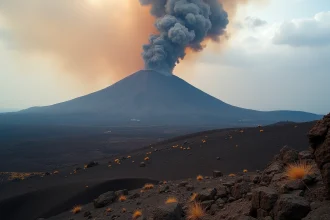 Éruption du volcan Etna avec panache de cendres et coulées de lave sur les pentes siciliennes